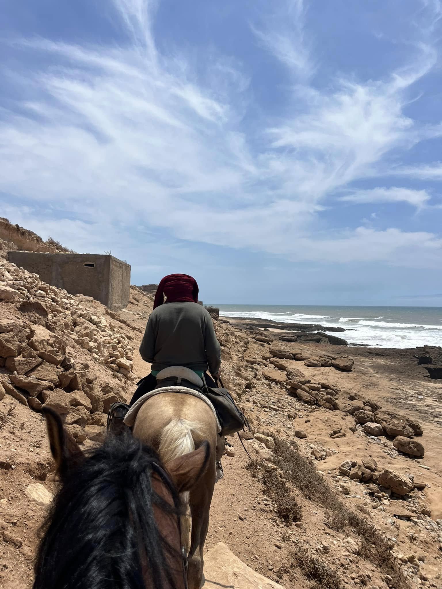 Person riding a horse along a rocky beach under a blue sky with wispy clouds.