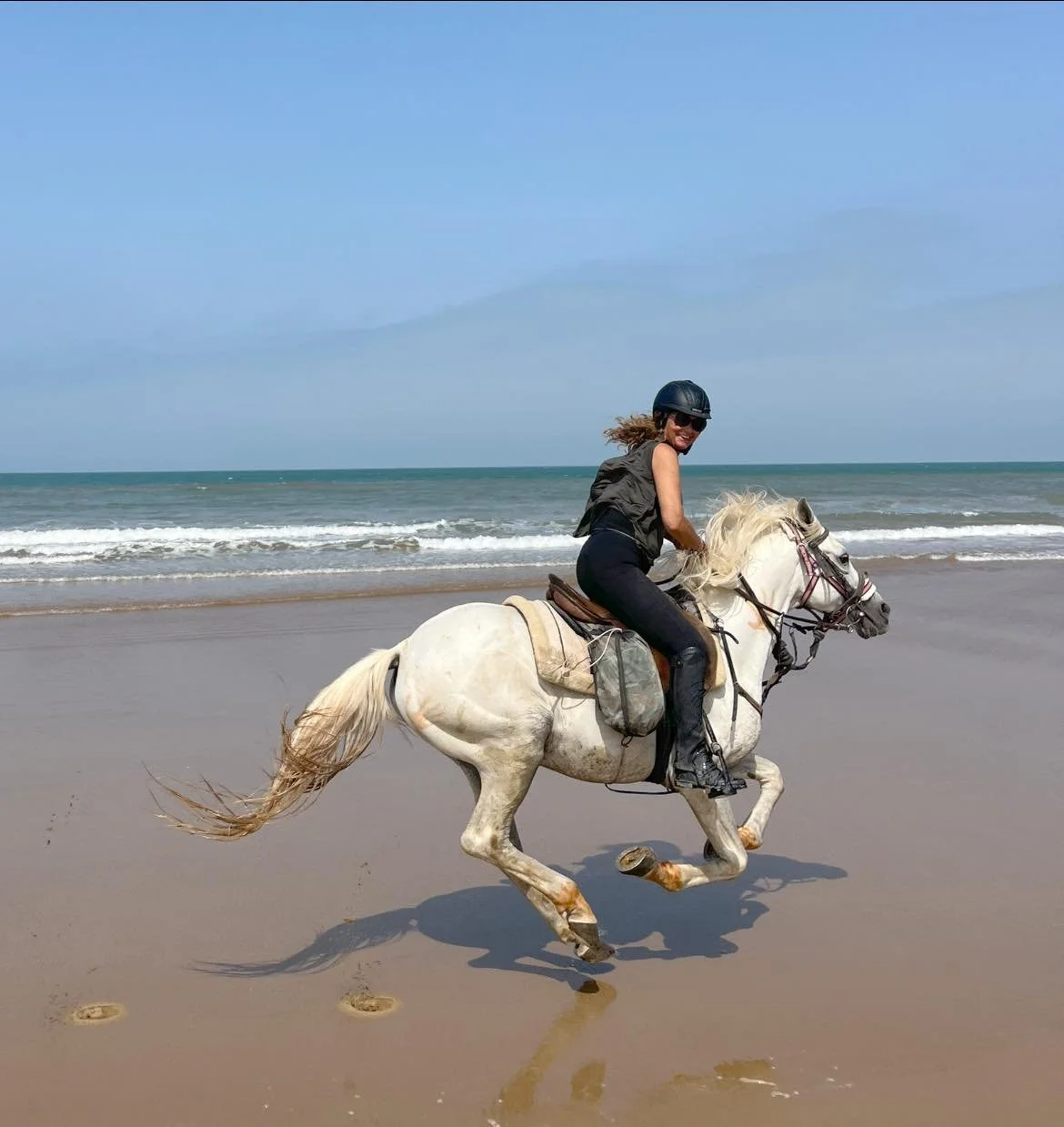 A woman riding a white horse along the beach near the ocean under a clear blue sky.