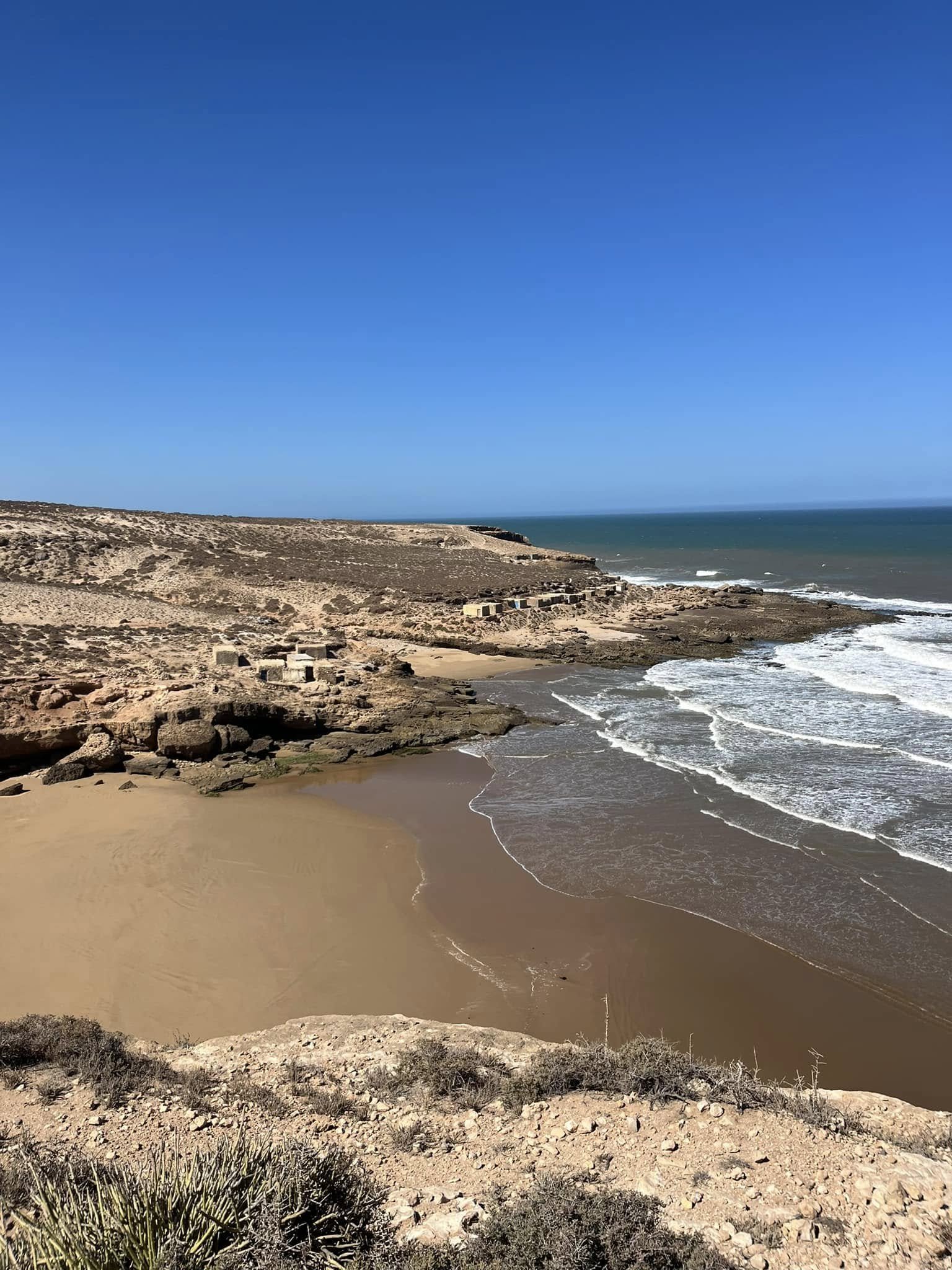 A coastal landscape with sandy beach, rocky terrain, and some small bushes in the foreground. The ocean waves are gently hitting the shore under a clear blue sky.