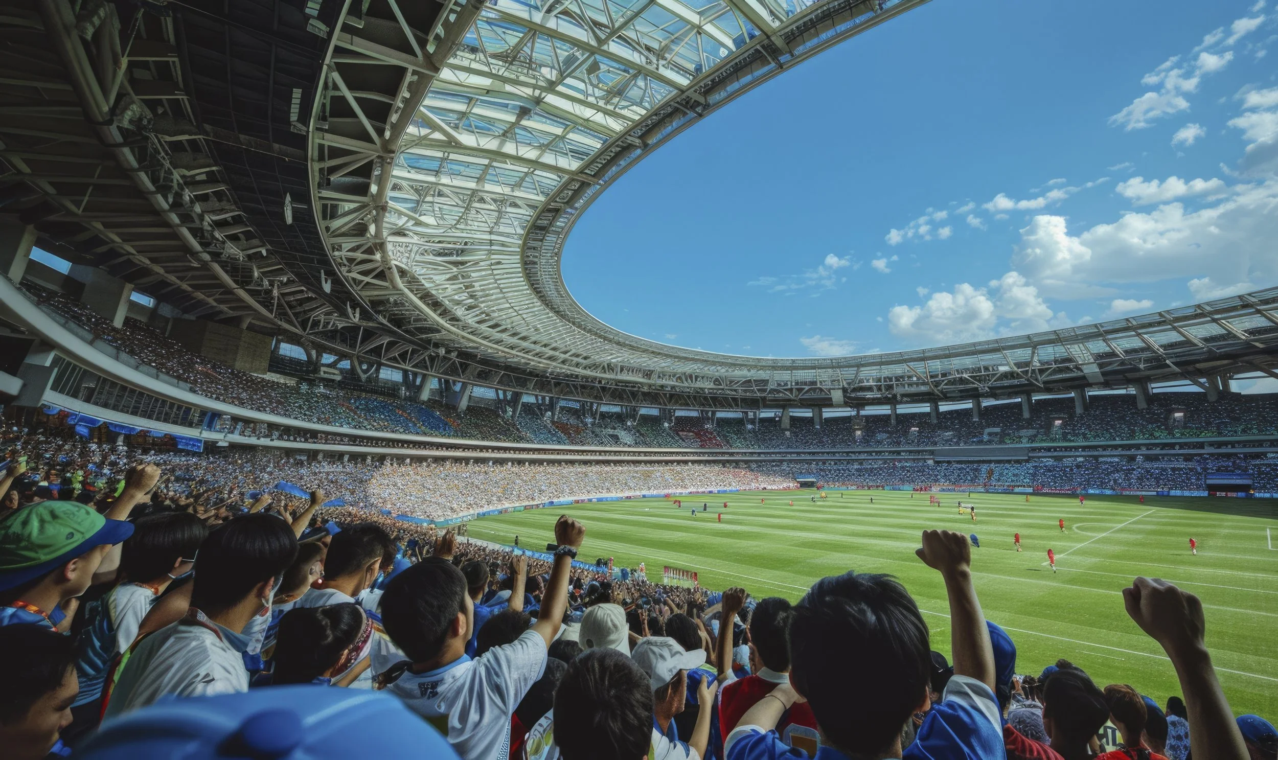A large stadium filled with spectators watching a soccer match under a partly cloudy blue sky.