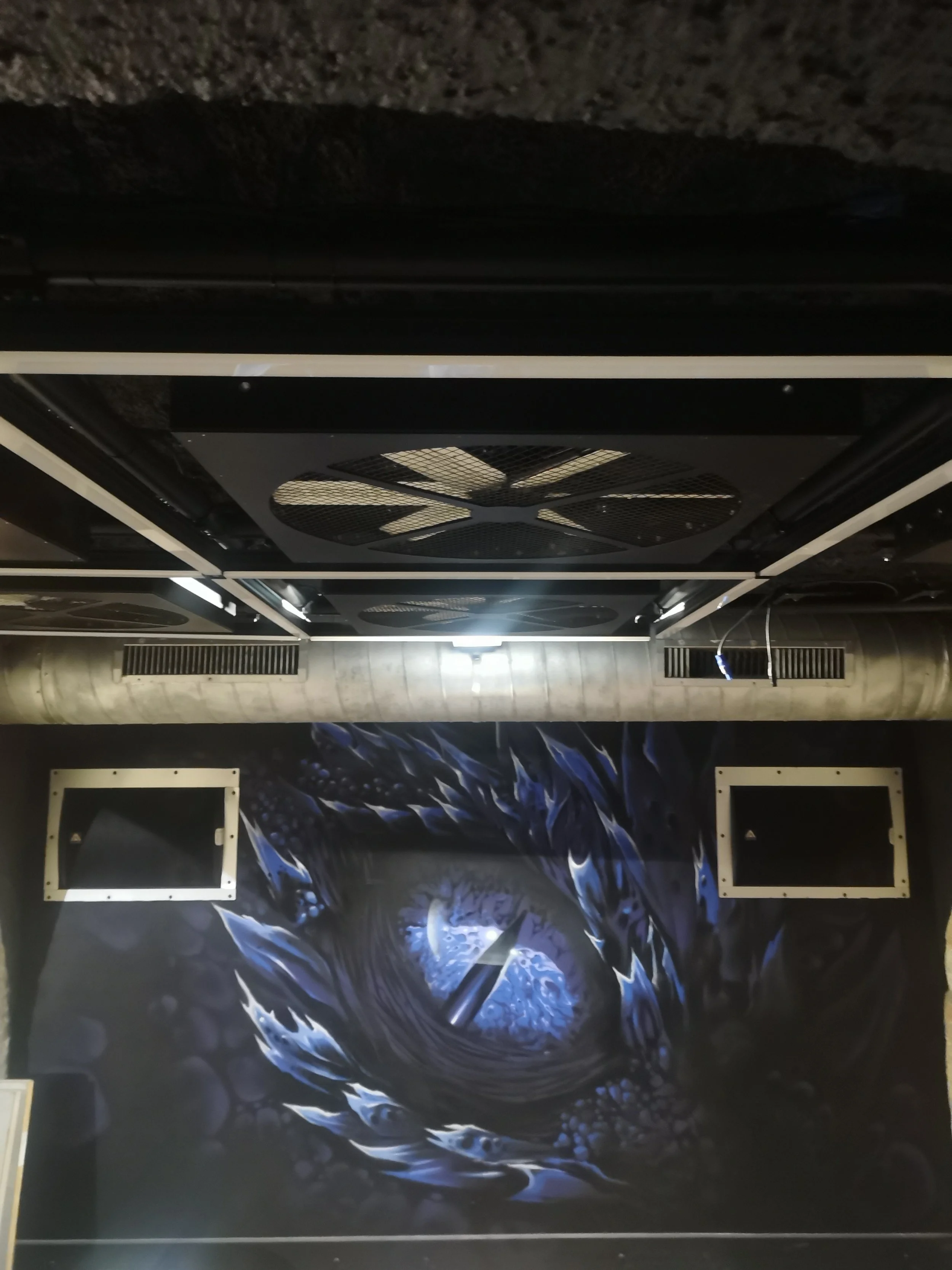 Mur d'art avec un dragon en noir, blanc et bleu, décoratif, dans une pièce sombre avec des cadres noirs et un plafond à ventilation.