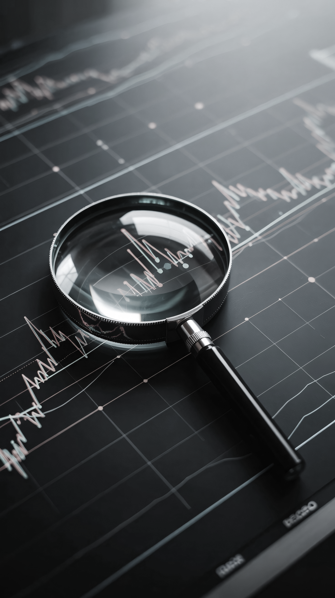 Close-up of a magnifying glass placed on an electrocardiogram (ECG) printout showing a heartbeat pattern.
