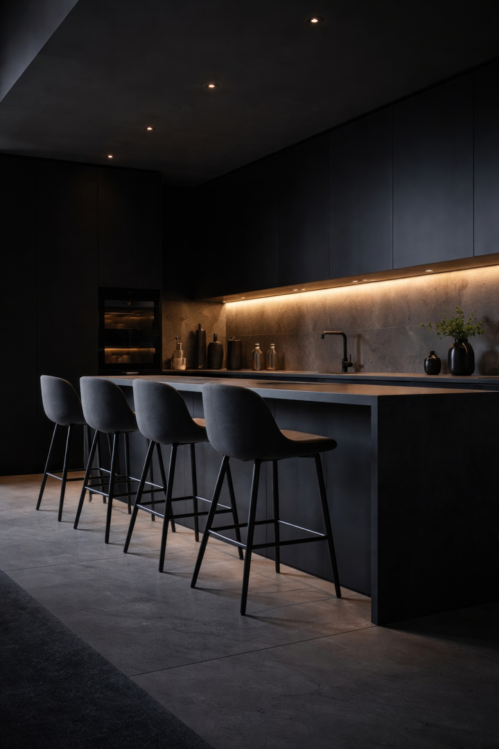 Modern kitchen with black cabinets and a light-colored countertop, featuring four bar stools.