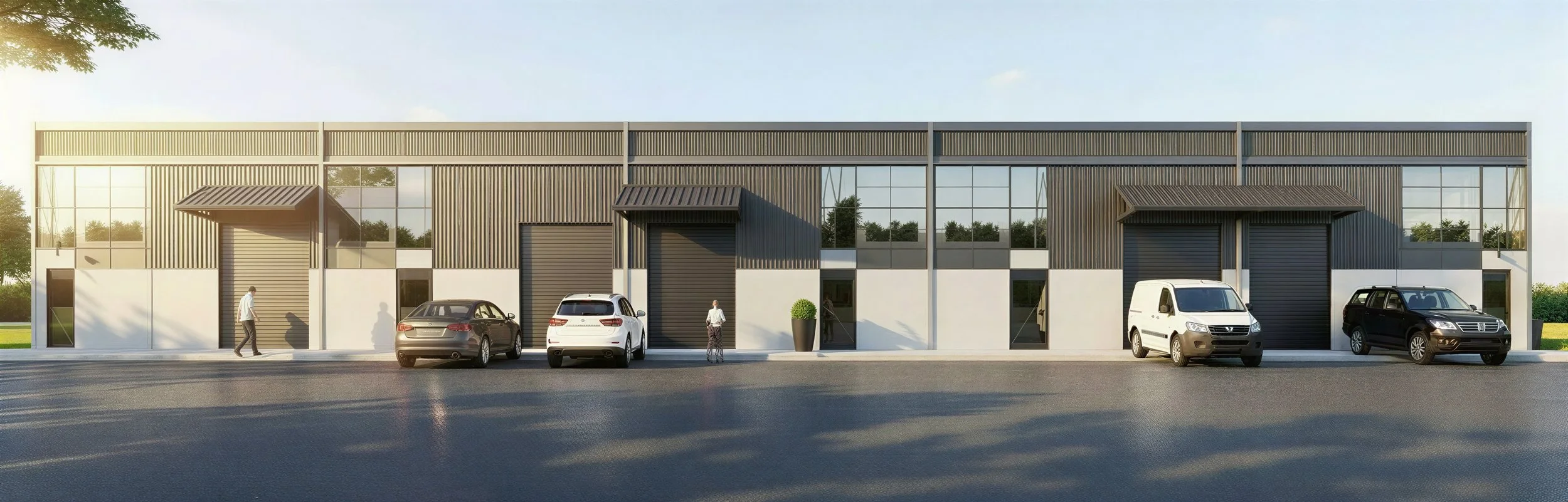 Modern industrial warehouse with large garage doors, parked cars, and people walking outside on a sunny day.