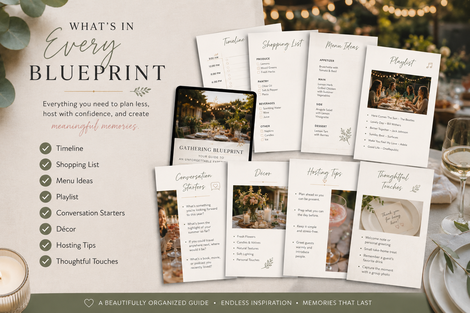A table decorated for an outdoor gathering with a gathering blueprint booklet, various printed guides such as shopping list, menu ideas, playlist, conversation starters, décor, hosting tips, and thoughtful touches, along with a glass of white wine and candles, all set in a warm, fairy-lit outdoor setting.