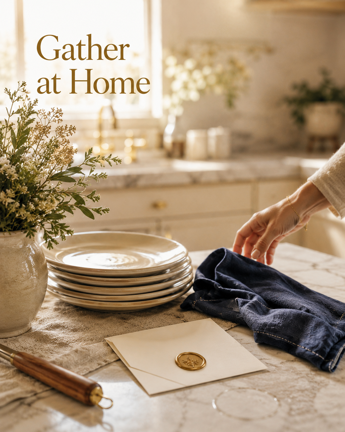 A kitchen countertop with a stack of white plates, a ceramic vase with white and green flowers, a navy napkin, a cream envelope with a wax seal, and a wooden utensil, with sunlight coming through a window.