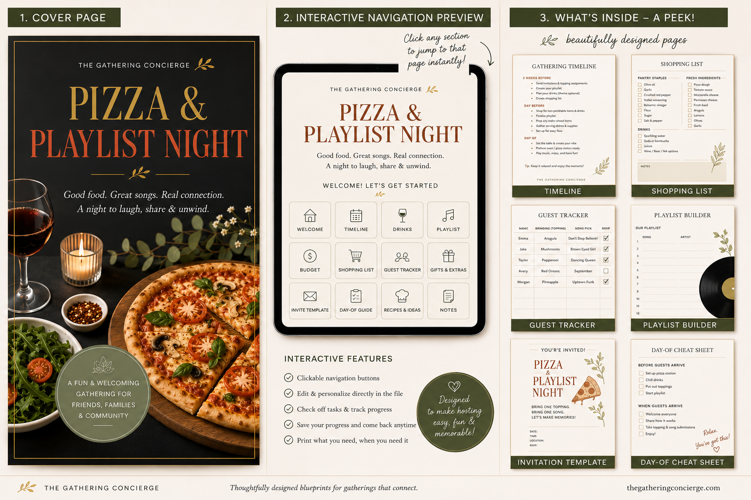 A promotional guide for a pizza and playlist night event, including a cover page with a pizza, wine glass, and candles; an interactive navigation preview showing a mobile app interface; and interior pages with event details, timeline, shopping list, guest tracker, playlist builder, invitation template, and cheat sheets.