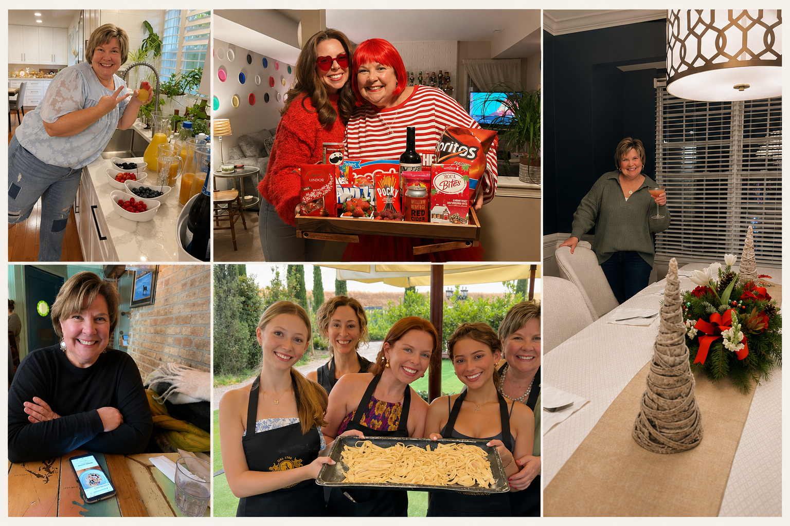 A collage of six women enjoying various social activities during a gathering, including cooking, celebrating with snacks and drinks, and sharing a meal outdoors with a plate of pasta.