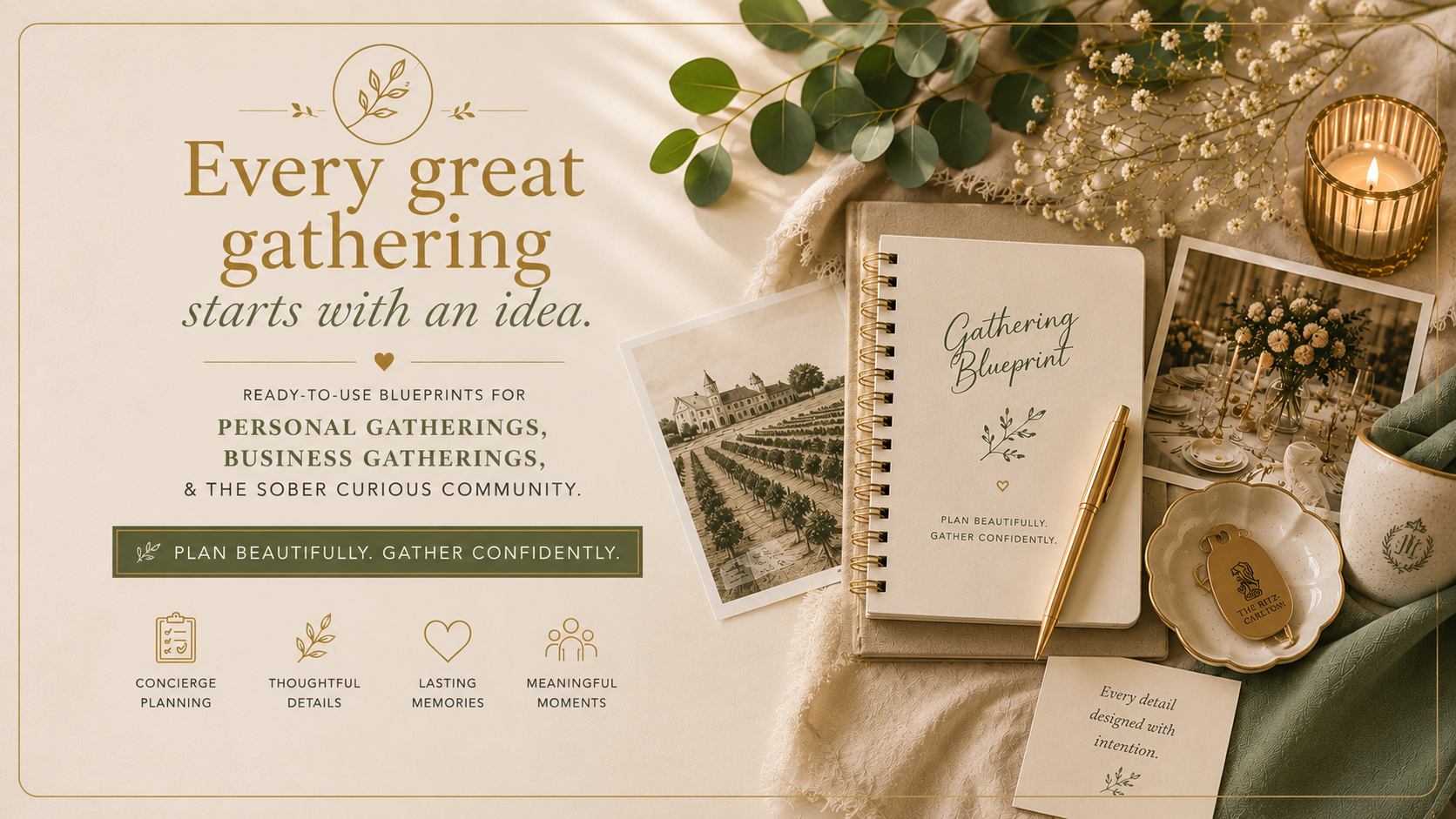 A promotional image for gathering planning blueprints featuring a table with a candle, green leaves, a notebook labeled 'Gathering Blueprint,' a pen, photographs, a decorative bowl, and a plate with a tag. The background has soft lighting and a tasteful design highlighting the theme of event planning.