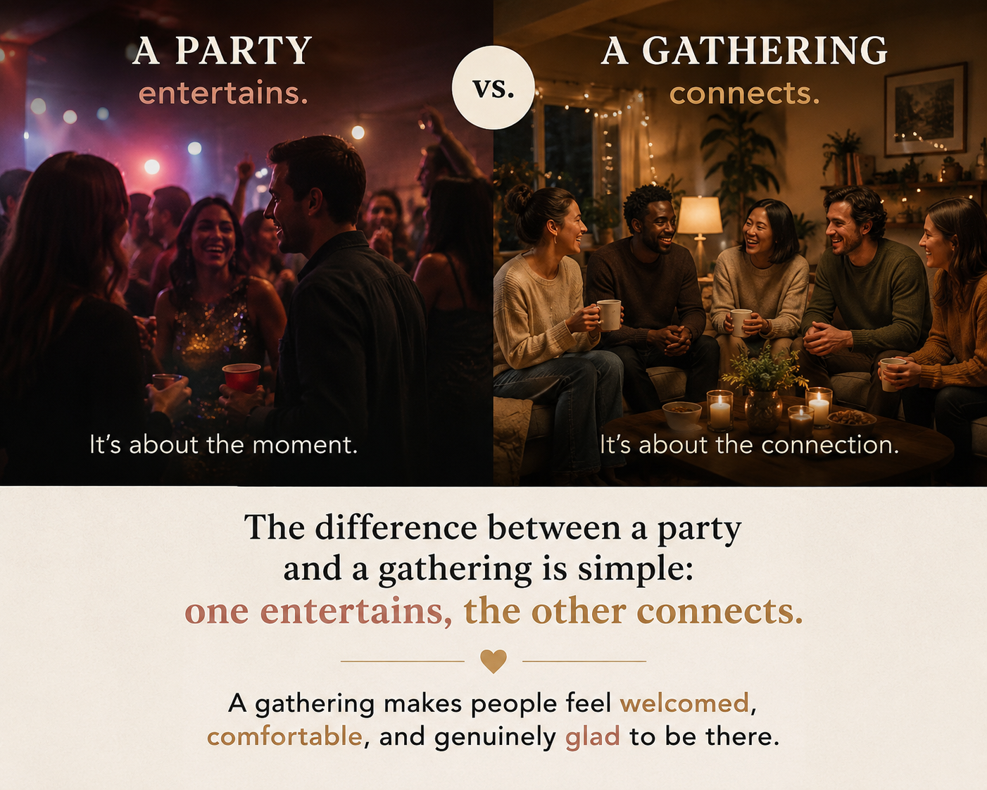 Comparison of a lively party with bright lighting and dancing people on the left, and a cozy gathering of friends on the right, with descriptive text about the differences between a party and a gathering.