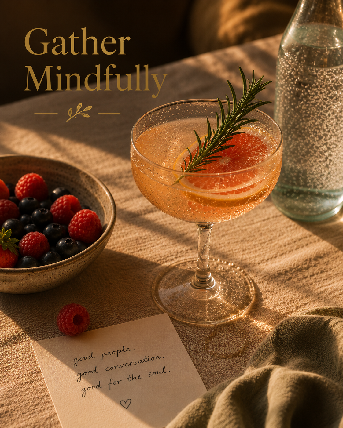 A drink with grapefruit slices and a sprig of rosemary in a glass, a bowl of mixed berries, a bottle of sparkling water, a handwritten note, and a small raspberry on a textured tablecloth with warm sunlight.