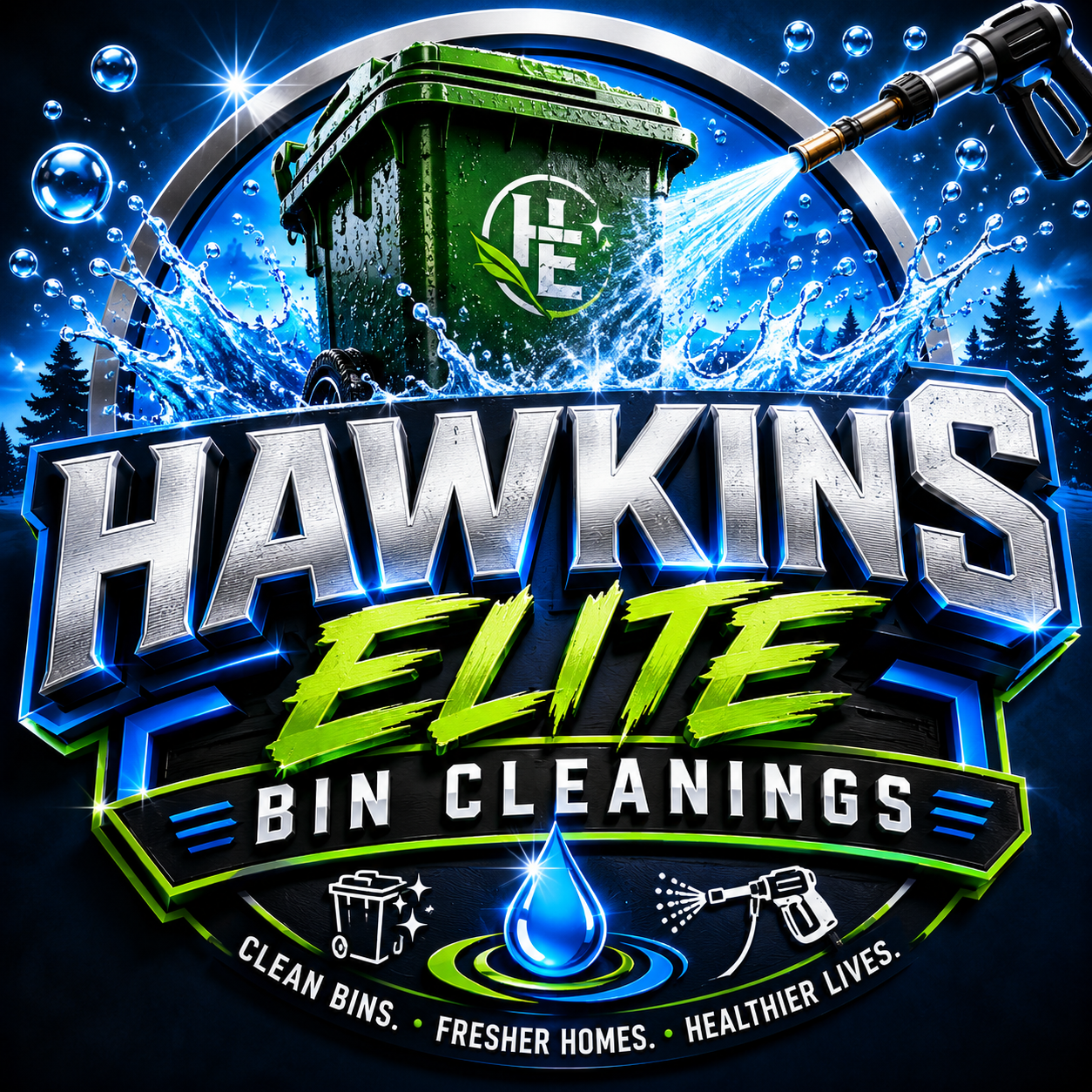 Digital graphic of a green trash bin with water splashing around it, a pressure washer spray, and the text "Hawkins Elite Bin Cleanings" with a tag line "Clean Bins. Fresher Homes. Healthier Lives." including icons of a trash bin, water droplet, and spray nozzle.
