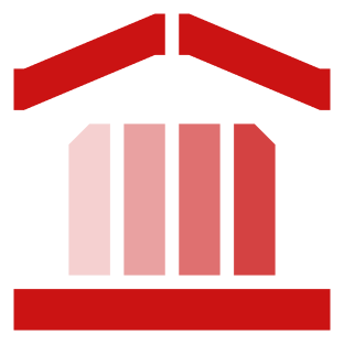 Red Greek temple with columns and triangular pediment