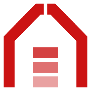 Red outline of a house with three horizontal lines inside, resembling a stylized letter E or stack of books.