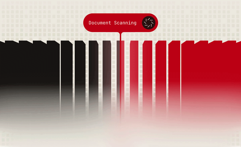 Graphic showing progress of document scanning with a red circular icon and a barcode-like background.