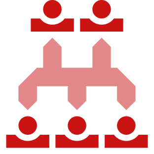 A stylized, geometric icon of five human figures connected in a network, with a red and black color scheme.