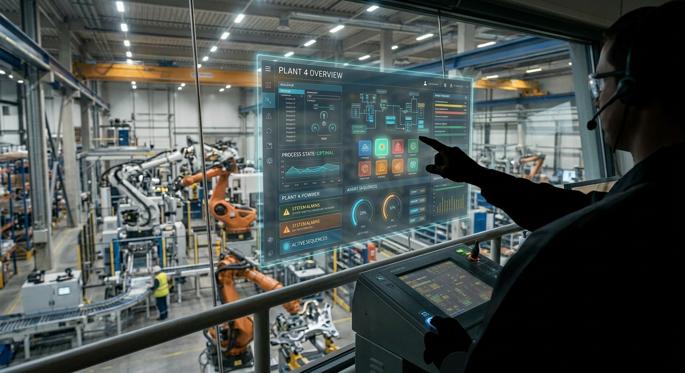 Person working at a control panel with a transparent screen displaying factory data and robotic arms in the background.
