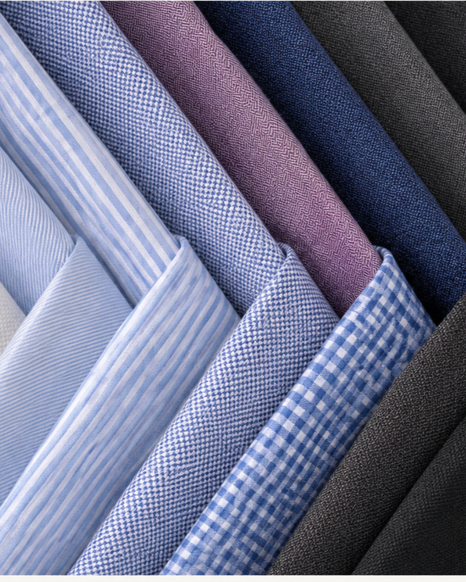 Stack of folded fabric swatches in various blue, purple, and black patterns and textures.