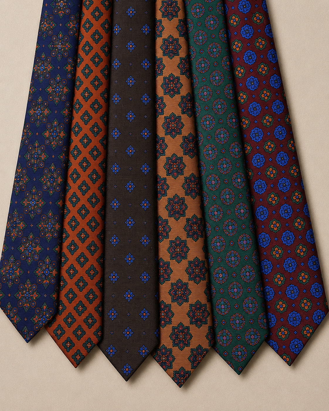 Six men's patterned neckties hanging side by side in various colors and intricate geometric designs.