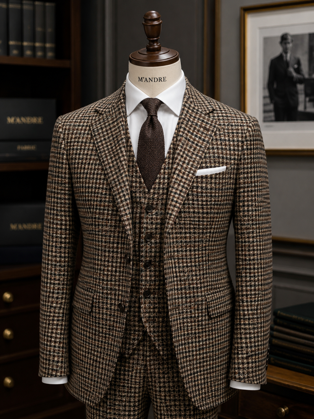 A men's suit on a mannequin, featuring a brown and beige checked blazer, matching vest, white shirt, and dark brown tie, in a clothing store setting.