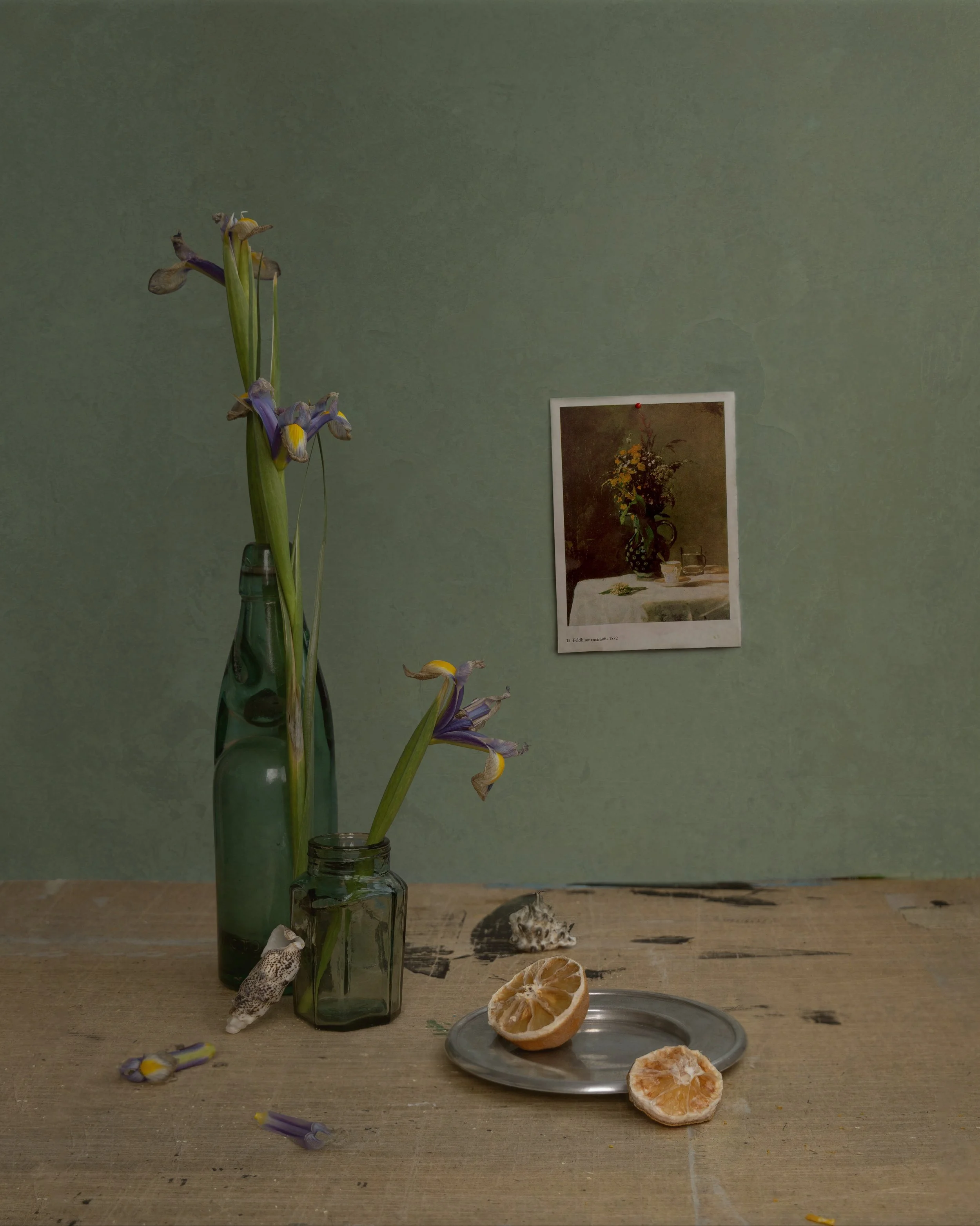 A still life scene featuring two glass bottles with irises inside, a silver tray holding sliced oranges, a few shells and flower petals, a paper with a still-life painting of a flower bouquet on a green wall, and some scattered shells and flower petals on a wooden surface.