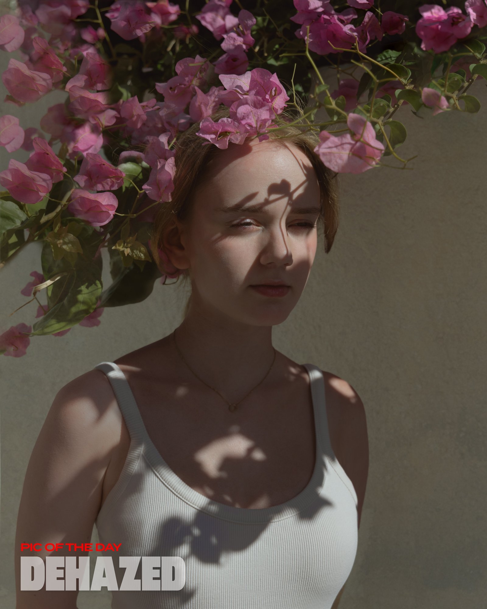 A woman with short brown hair and a white tank top standing against a beige wall. She has pink bougainvillea flowers above her head, casting shadows on her face and chest. The image has text overlayed that says 'PIX OF THE DAY' and 'DEHAZED'.