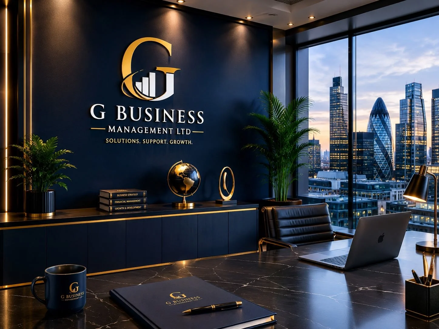 Modern office interior with a view of a city skyline. The wall displays a logo and name reading 'G Business Management Ltd' along with the slogan 'Solutions. Support. Growth.' The desk has a laptop, a notebook, a mug with the company logo, and decorative items, with potted plants nearby.
