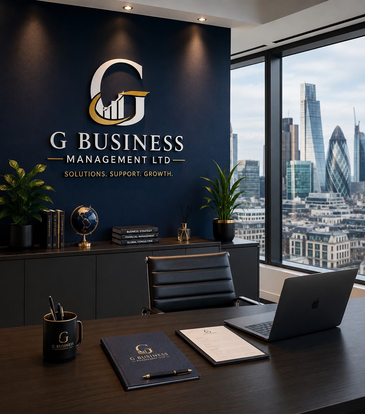 Modern office with dark wood desk, black leather chair, open laptop, documents, and black mug with gold logo, against a window view of London skyline with skyscrapers.