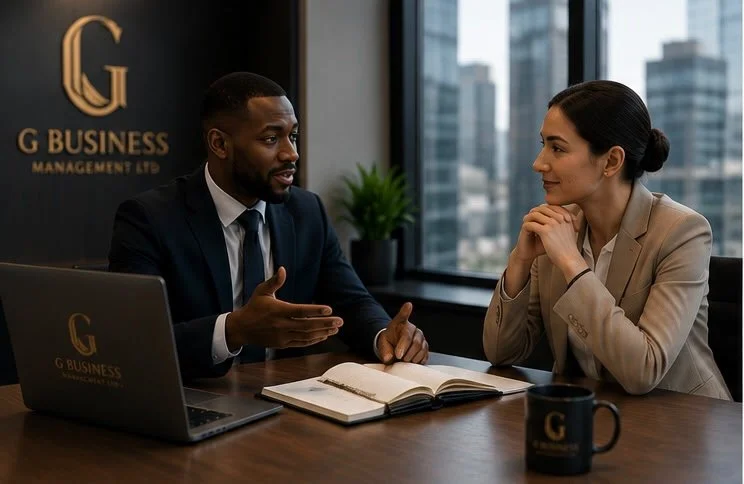 Two professionals, a man and a woman, having a discussion at a desk in a modern office with city views. The man is speaking and gesturing, the woman is listening with her hands near her chin.