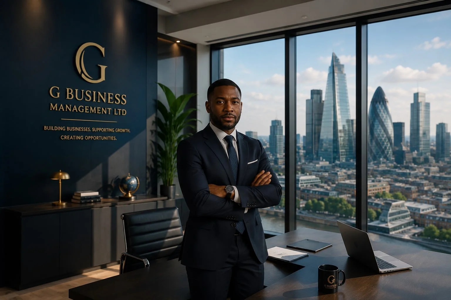 A man in a dark suit standing with arms crossed in a modern office with large windows showing London skyscrapers.