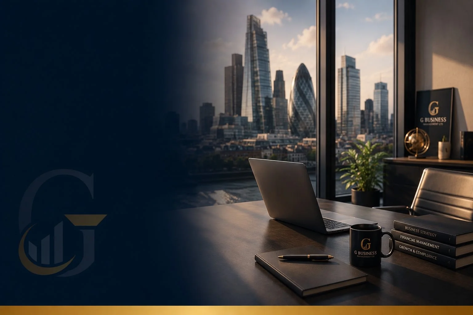 Office desk with a laptop, a black coffee mug with a gold logo, a notebook with a pen, and three stacked business books, situated near large glass windows with a view of a city skyline featuring modern skyscrapers.