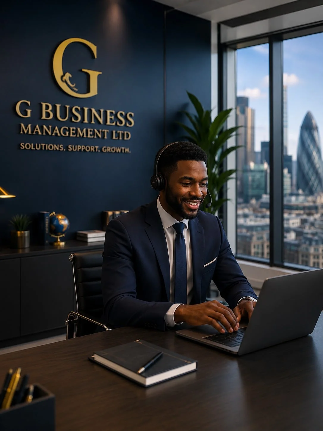 A man in a business suit with a headset working on a laptop in an office with a city view, G Business Management Ltd sign on the wall.