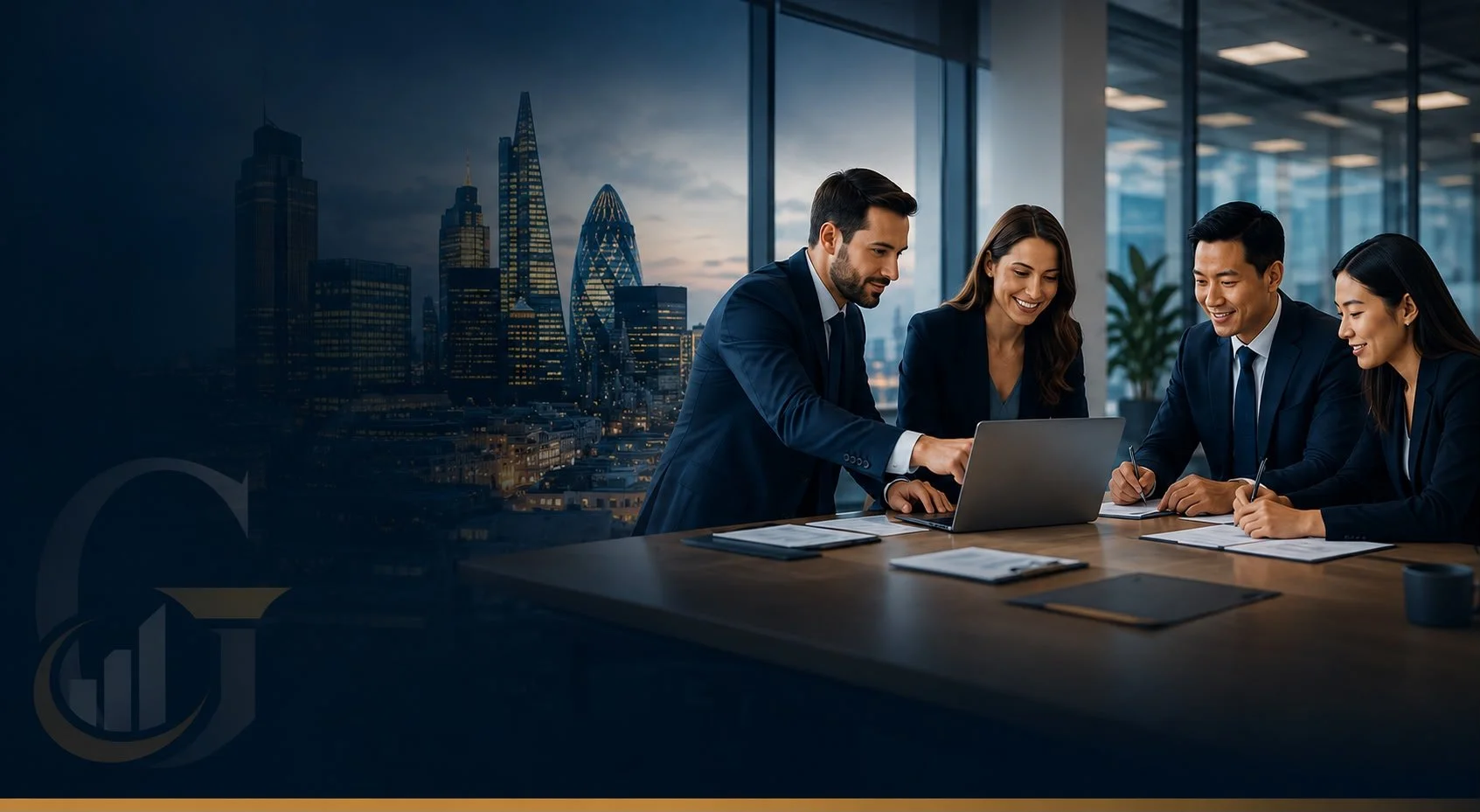 Four business professionals in suits working together at a conference table with laptops and notepads, in a modern office with city skyline view at dusk.