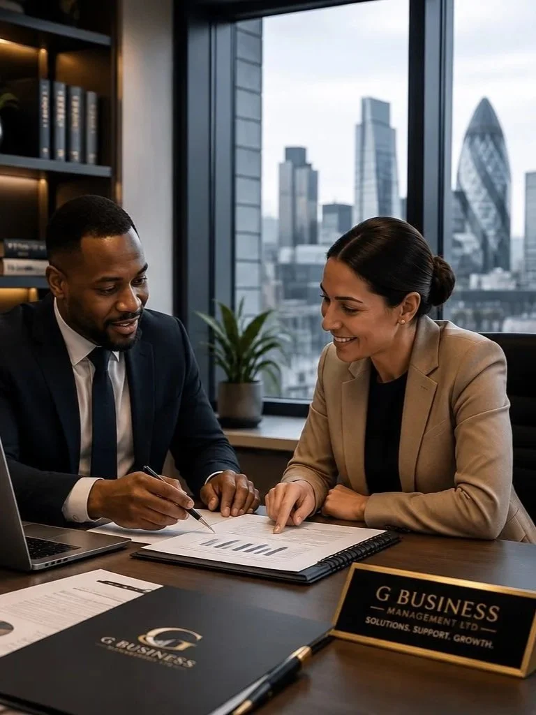 Two business professionals, a man and a woman, are sitting at a desk in an office with a cityscape view. They are smiling and looking at a document together, having a discussion.