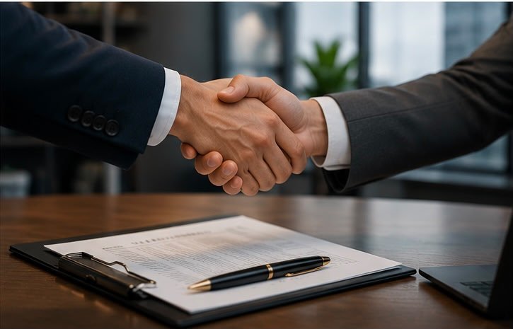 Two businesspeople shaking hands over a table with a clipboard, documents, and a pen, with a laptop nearby, in a modern office setting.