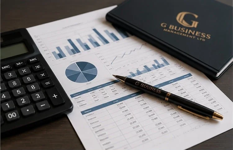 Financial documents, including charts and tables, a black calculator, a black business planner, and a black pen on a wooden desk.