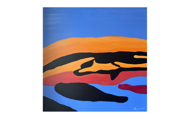 Abstract landscape with blue sky, orange, pink, black and blue land and water shapes.