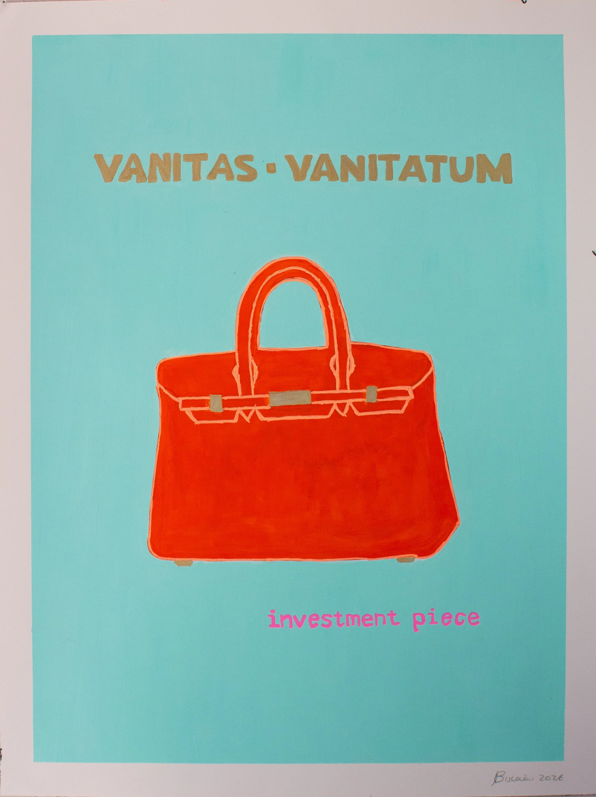 A drawing of an orange handbag with the phrase 'VANTAS - VANITATUM' written above it on a light blue background, with 'investment piece' written in pink or purple at the bottom.