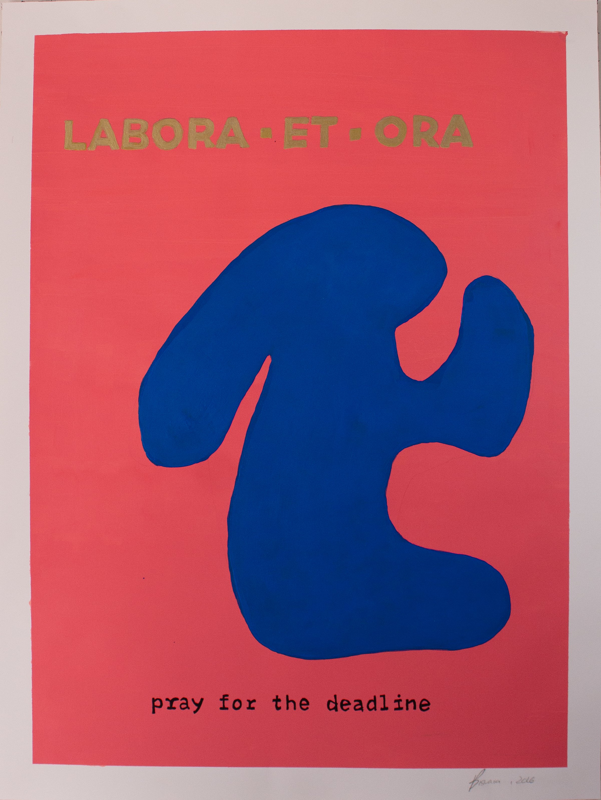 A pink and blue artwork featuring a blue silhouette of a person with their head down and hands on their face, accompanied by text that says 'pray for the deadline.'