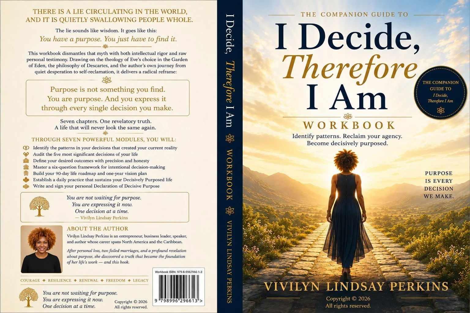 Book cover titled "I Decide, Therefore I Am Workbook" by Vivilyn Lindsay Perkins, featuring a woman walking on a stone path through a scenic landscape at sunrise or sunset.