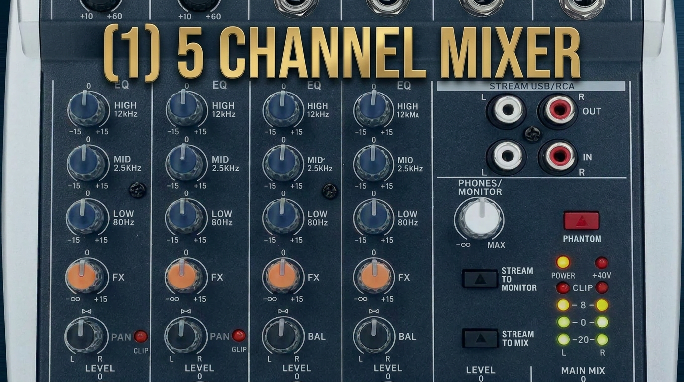 Audio mixer with five channels, each with knobs for EQ, MID, LOW, FX, PAN, Level, and balance, along with input/output ports, and various indicator lights and switches.