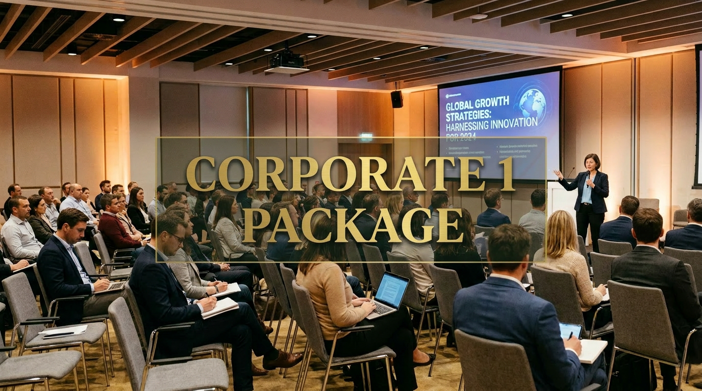 A professional conference with a large audience listening to a speaker on stage in a well-lit conference room. The presentation slide reads 'Global Growth Strategies: Harnessing Innovation for 2024'.