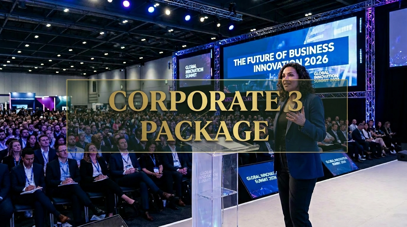 A woman speaker on stage at a conference addressing a large audience, with multiple screens behind displaying 'The Future of Business Innovation 2026,' at the Global Innovation Summit 2023.