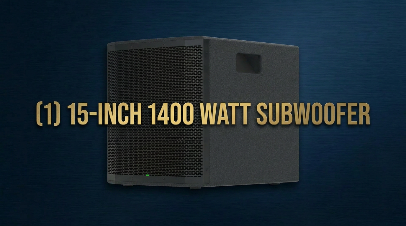 A black 15-inch subwoofer with a mesh front and a small green indicator light, set against a dark blue background, with gold text stating '(1) 15-INCH 1400 WATT SUBWOOFER' overlaid.