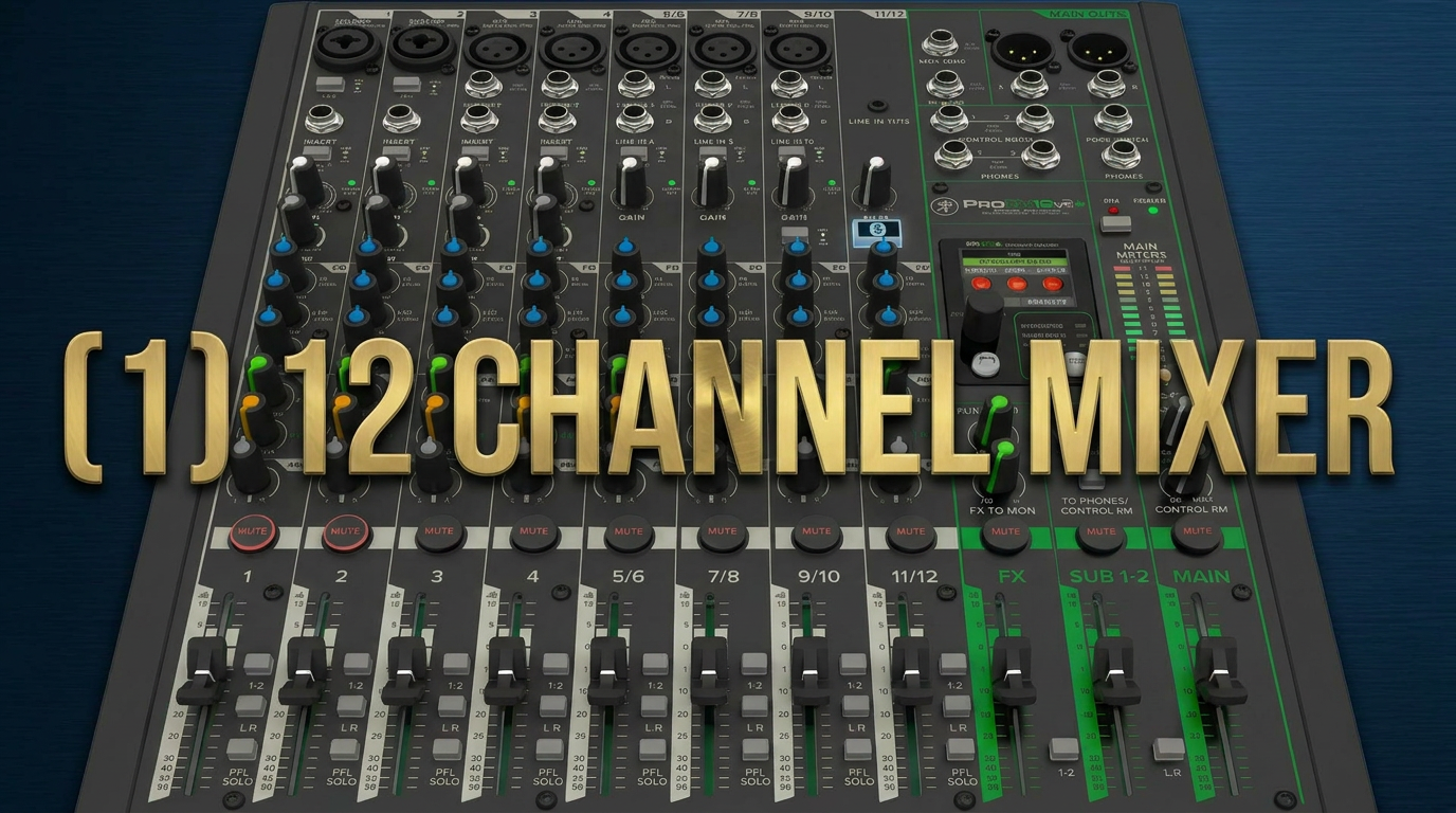 A professional audio mixer with multiple channels, faders, knobs, and input jacks. Overlaid with large gold text reading '[1] 12 CHANNEL MIXER'.