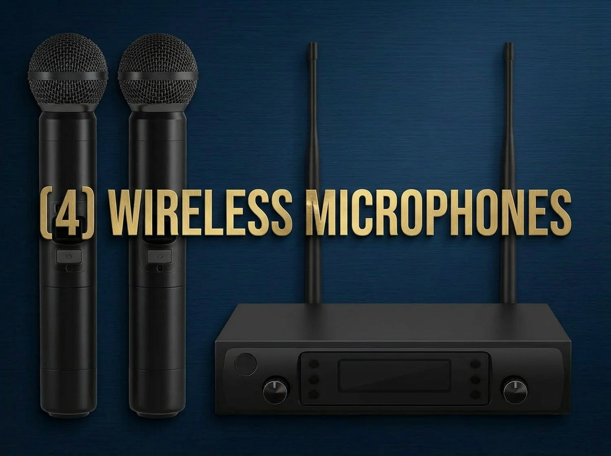 Two wireless microphones and a wireless microphone receiver on a blue background with text indicating there are four wireless microphones.