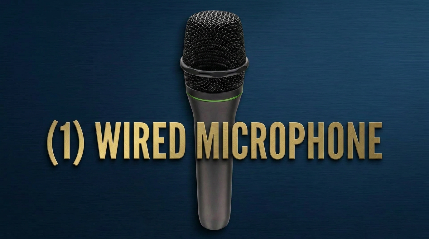 Close-up of a wired microphone on a dark blue background with the text '(1) WIRED MICROPHONE' in large gold letters.
