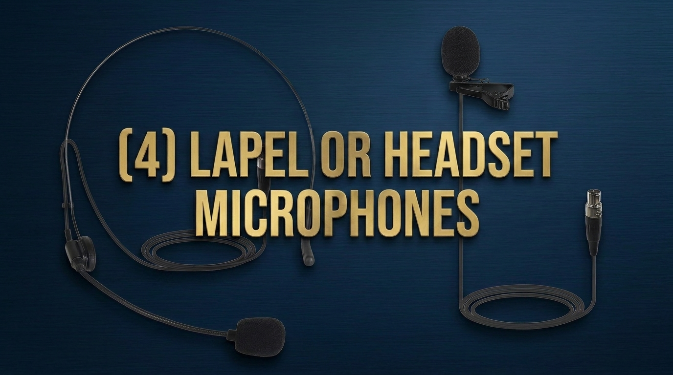 An image with a dark blue background displaying four different lapel or headset microphones, with large gold text in the center that reads '(4) LAPEL OR HEADSET MICROPHONES'.
