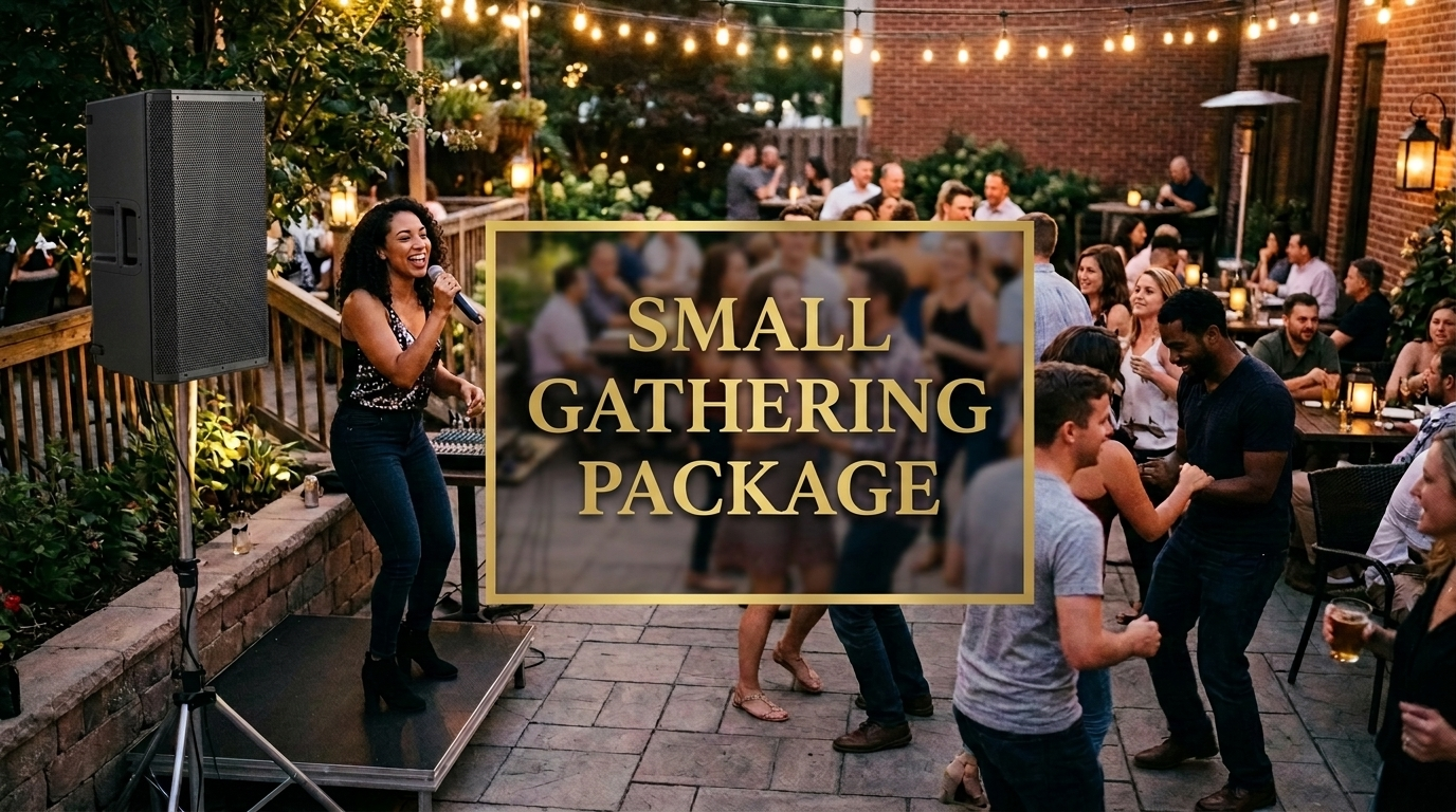 A woman singing and dancing on an outdoor patio with a small crowd of people enjoying drinks and music, string lights overhead, and a sign with the text 'Small Gathering Package' in the center.