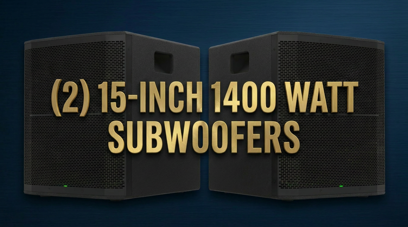 Two black 15-inch subwoofers with gold text overlay stating "(2) 15-INCH 1400 WATT SUBWOOFERS" on a blue background.